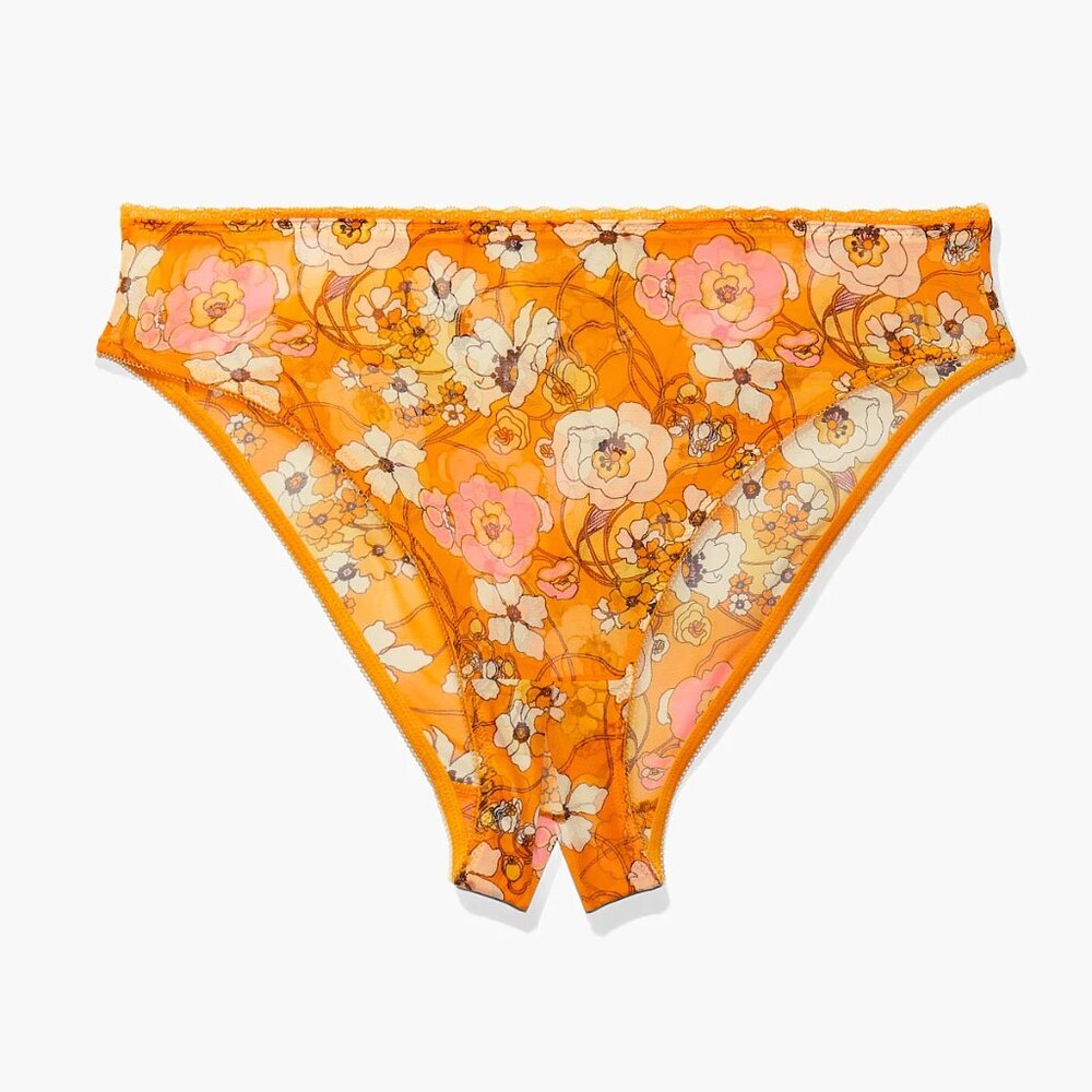 Savage x Fenty Mesh Crotchless High Leg Bikini Flower Poppy Print orange pink